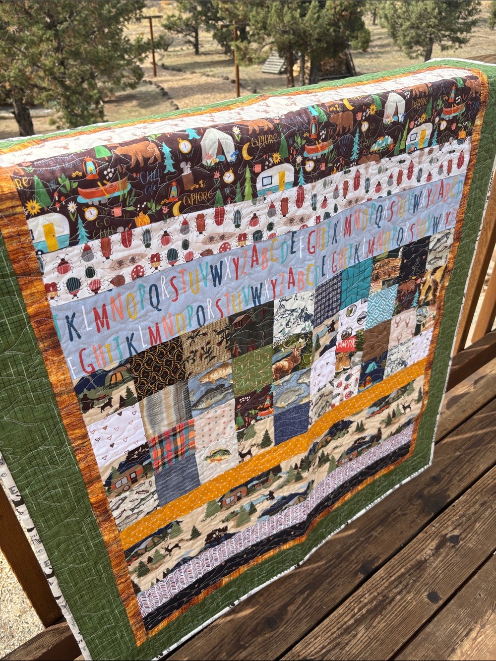 Handmade Lap / Baby Quilt Green & Multicolor Camping/Outdoor Theme